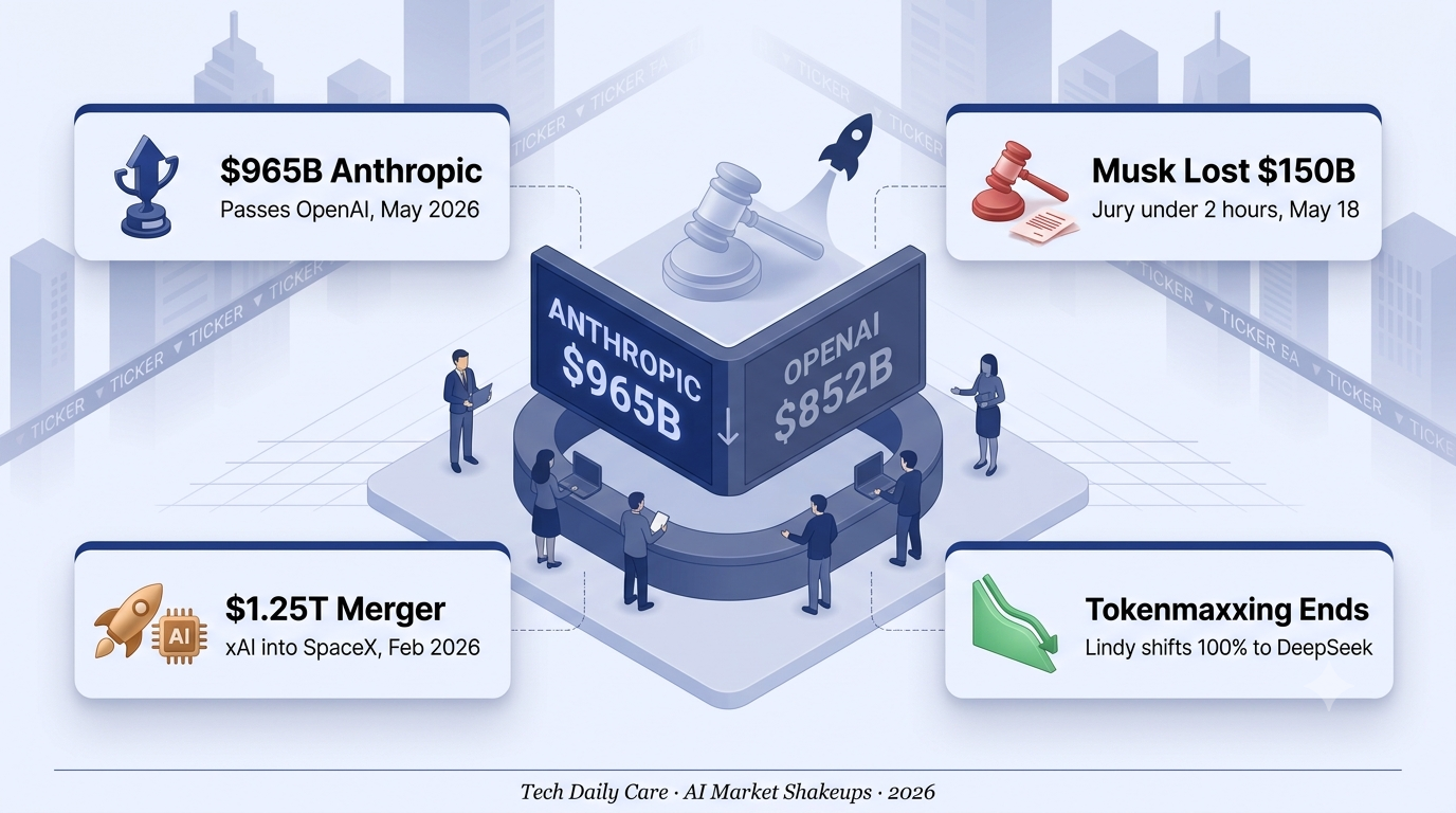 How AI broke the internet in 2026 — Anthropic passing OpenAI at $965B, Musk trial verdict, xAI SpaceX merger $1.25T, dual IPO filings, tokenmaxxing collapse