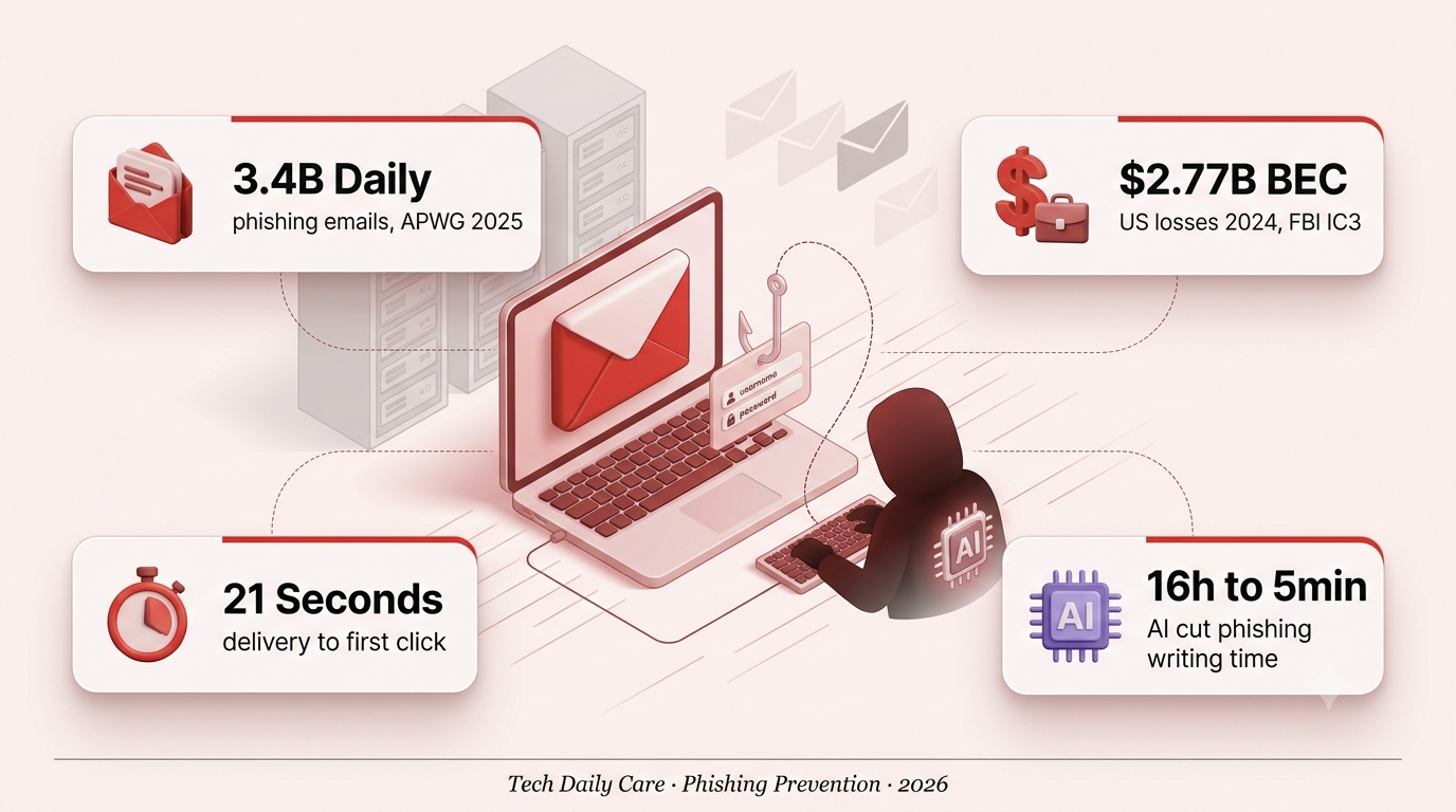 Phishing attack prevention guide 2026 — hooded figure at a keyboard sending fake bank emails to a smartphone