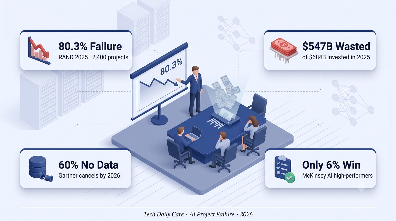 AI project failure visualization — a boardroom presentation showing 80.3% failure rate and $547 billion in wasted AI investment
