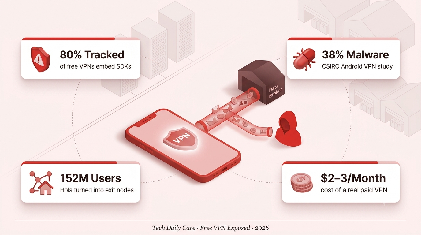 Free VPN data selling visualization — a smartphone with a VPN app funneling personal data into shadowy broker networks