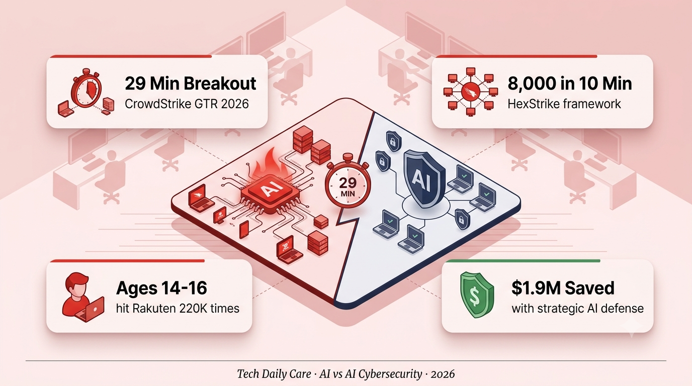 AI vs AI cybersecurity machine-speed war visualization — attacker AI running exploits in minutes while defender AI races to contain 29-minute breakouts