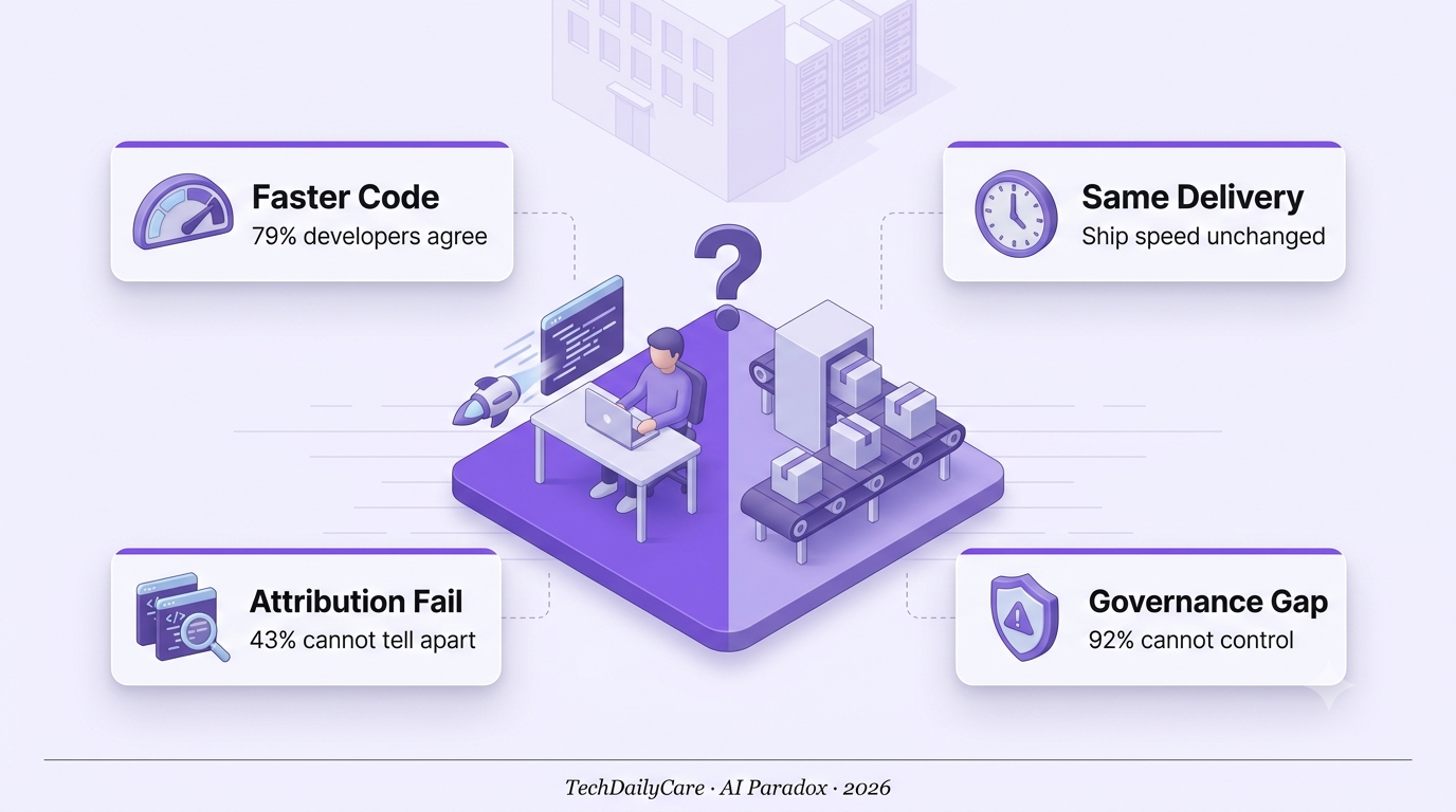 Isometric illustration of the AI Paradox split scene, developer generating fast code on one side while delivery assembly line stalls on the other