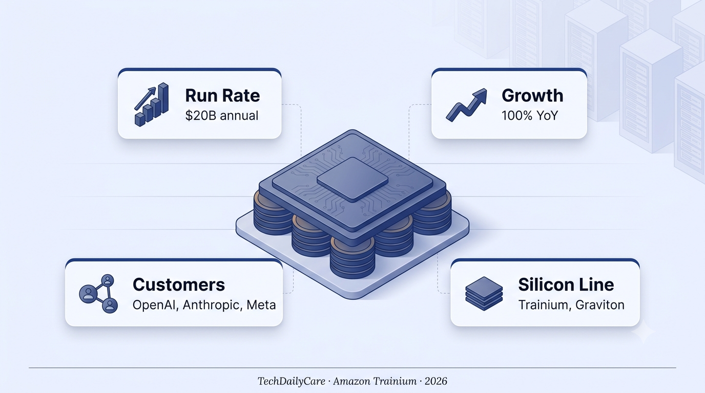 3D isometric editorial infographic of Amazon Trainium hitting $20B annual run rate — navy silicon chip with $20B run rate, 100% YoY growth, OpenAI Anthropic Meta customers, and Trainium Graviton lineup callout cards