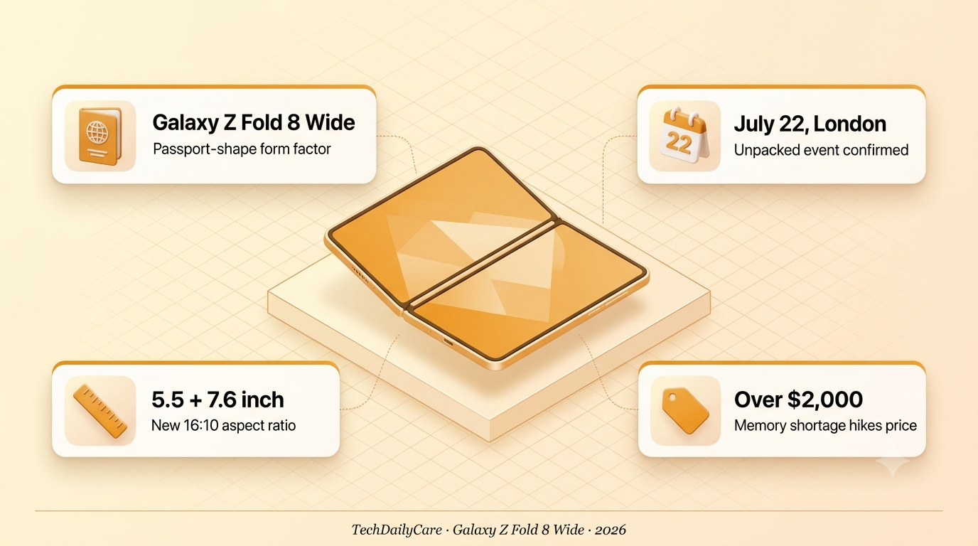 Galaxy Z Fold 8 Wide concept — passport-style foldable phone with wider outer display, isometric editorial render