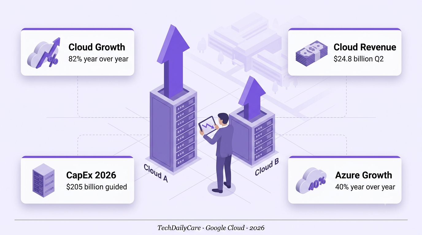 Isometric illustration of a Google Cloud data center tower rising far above a smaller Azure tower next to it, with a figure holding a chart showing the paradox of strong growth and falling stock