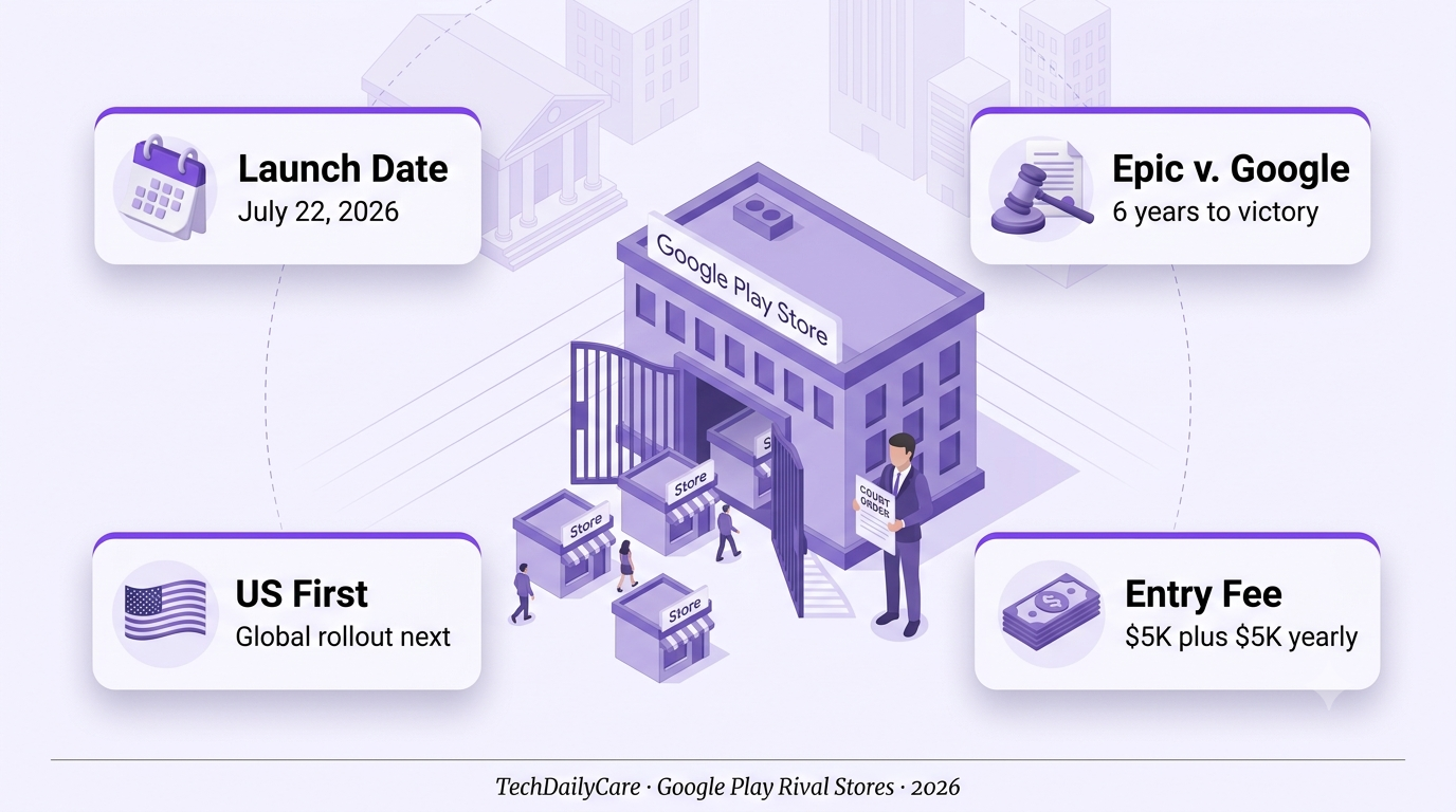 Isometric illustration of the Google Play Store gates opening to third-party rival app stores under a court order