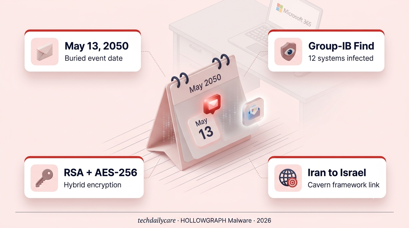 HOLLOWGRAPH malware calendar dead drop with a May 13 2050 event hiding encrypted payload files inside a Microsoft 365 mailbox