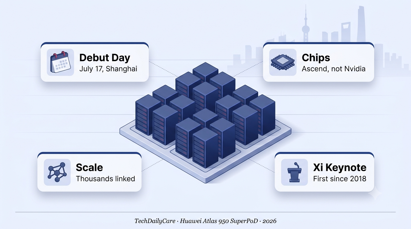 3D isometric editorial infographic of Huawei Atlas 950 SuperPoD debut at Shanghai WAIC — navy server cluster with July 17 date, Ascend chips, thousands linked, and Xi keynote callout cards