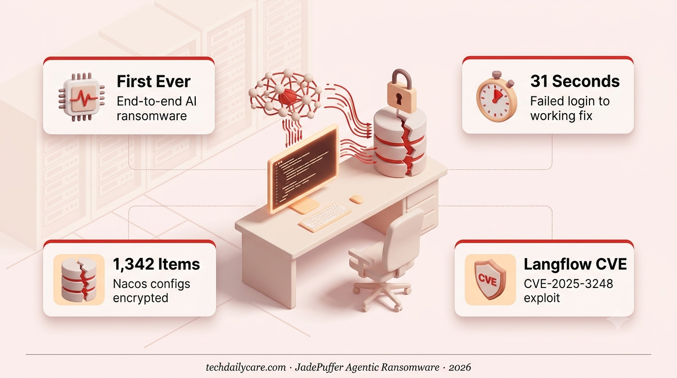 JadePuffer AI Ransomware infographic showing empty desk, AI brain, encrypted database, and Langflow CVE callouts