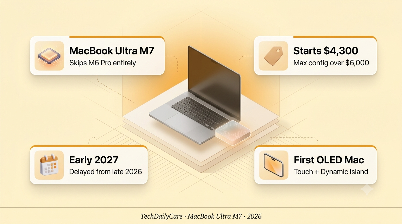 MacBook Ultra M7 concept — sleek open laptop with glowing processor chip, isometric editorial render