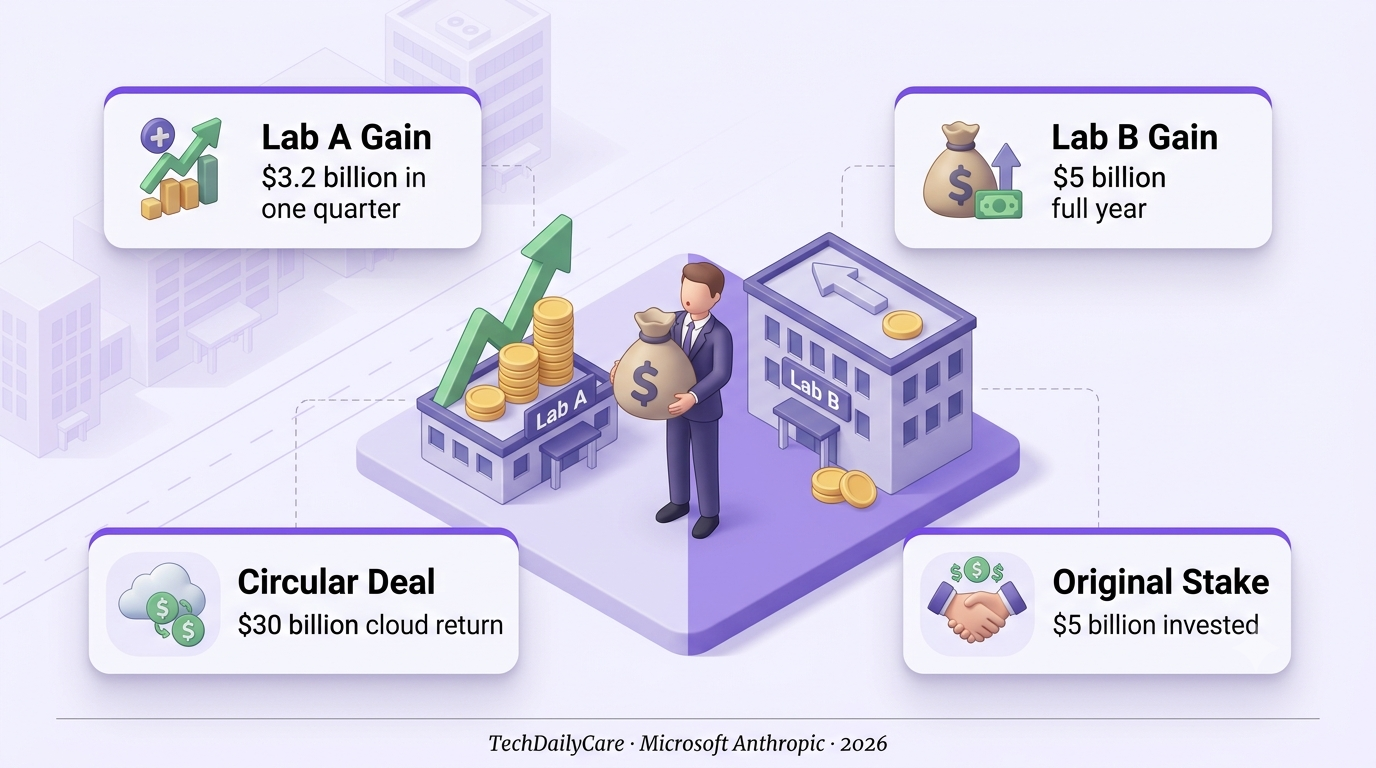 Isometric illustration of the Microsoft Anthropic investment gain compared to the flatter OpenAI return, with a business figure holding a bag of money