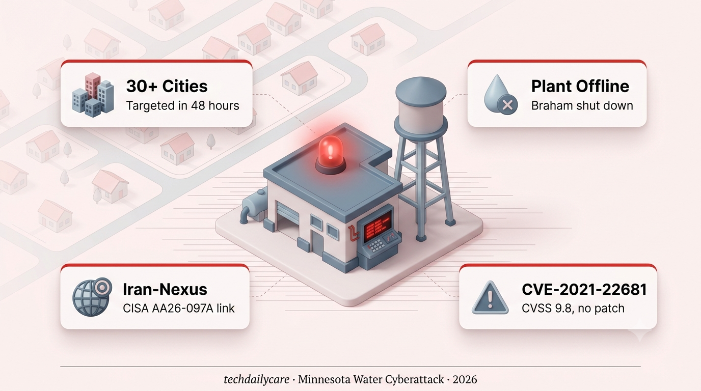 Minnesota water systems cyberattack showing a water treatment facility with SCADA warning alerts and 30 affected city markers on a map