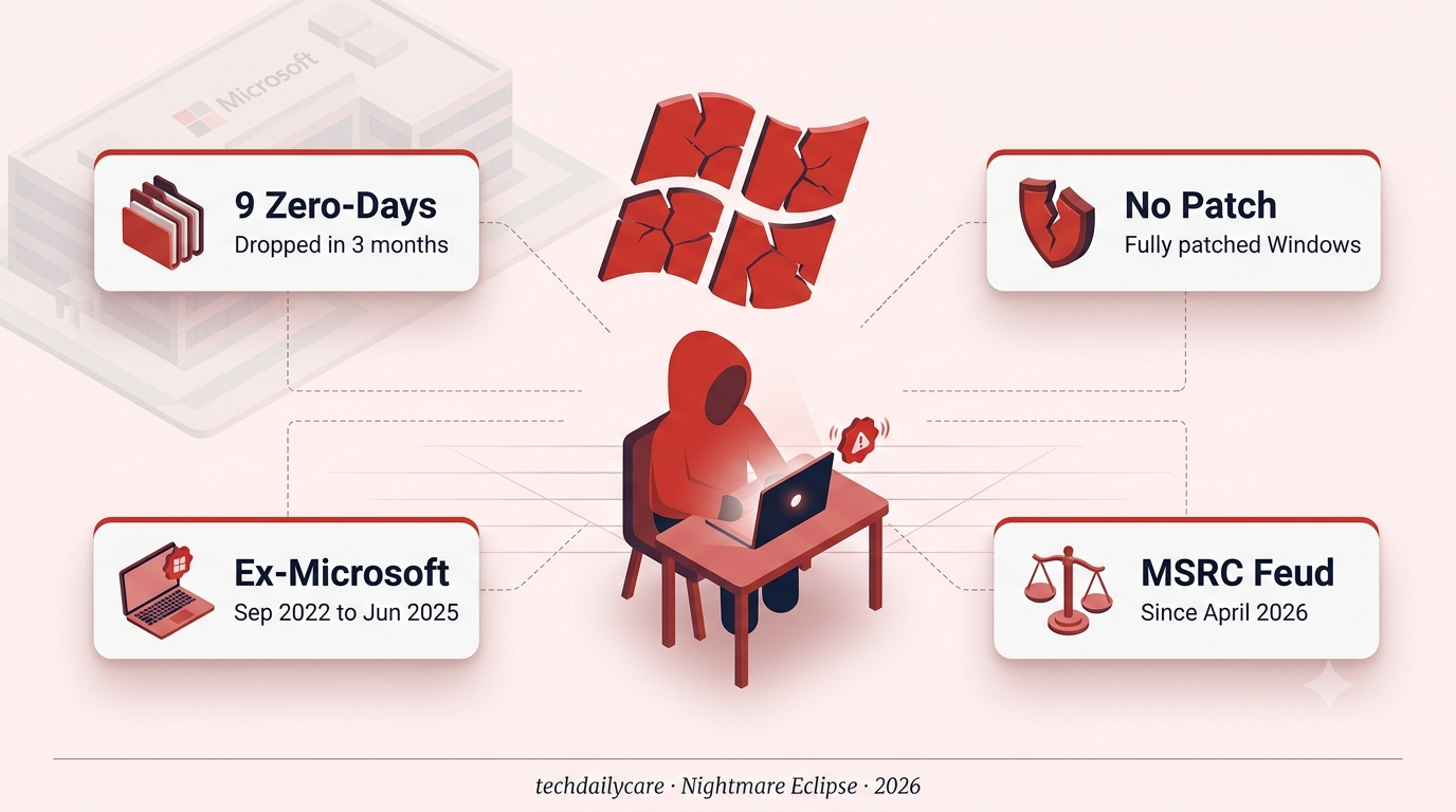 Nightmare Eclipse anonymous hooded figure silhouette with nine fractured Windows logo fragments floating above a laptop showing an exploit alert