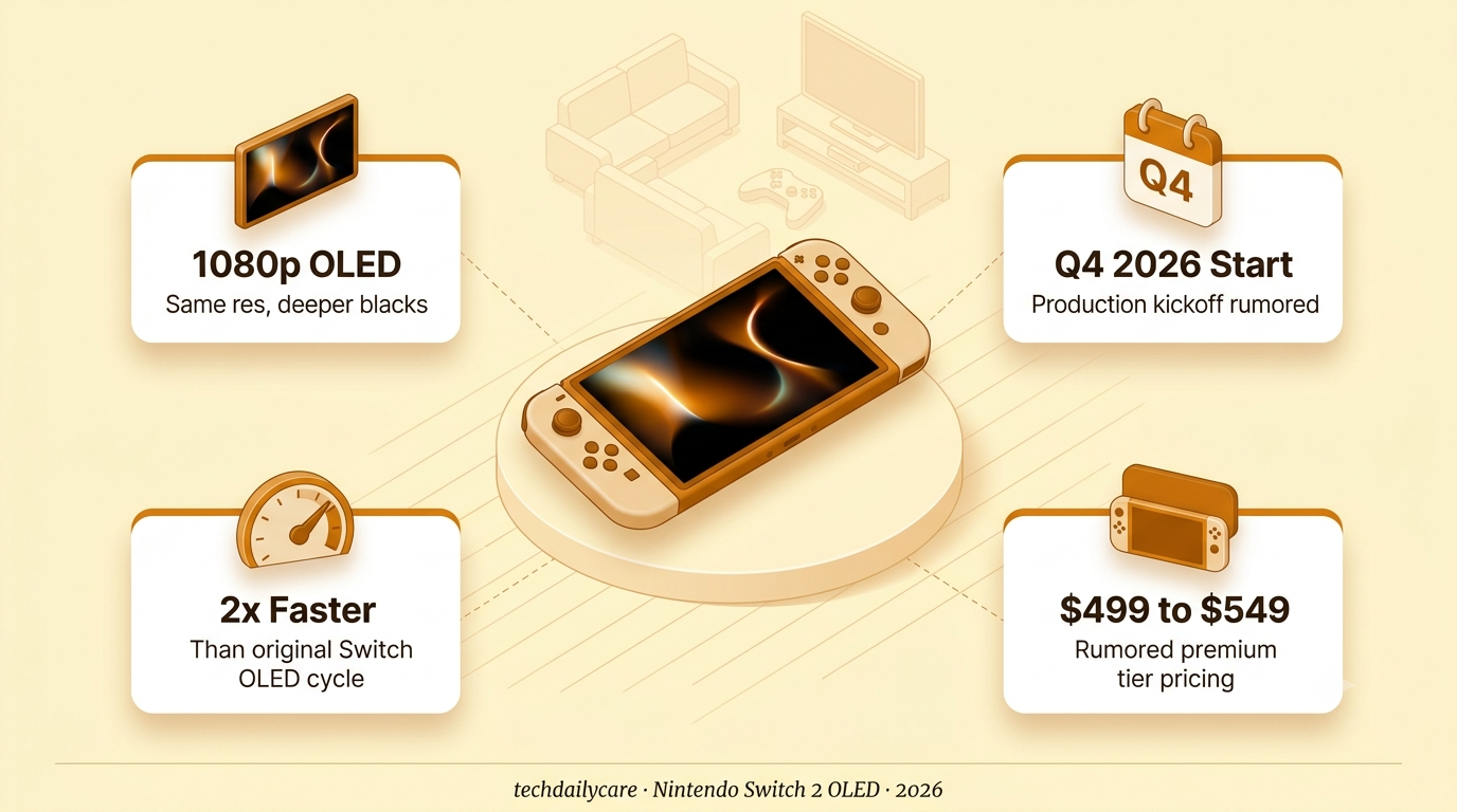 Isometric editorial illustration of the Nintendo Switch 2 with a glowing OLED display upgrade beside a timeline marked late 2026 for production start