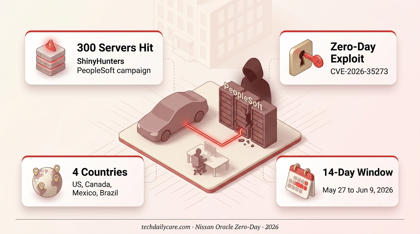 Nissan Oracle PeopleSoft zero-day breach infographic with server icons and CVE-2026-35273 callouts