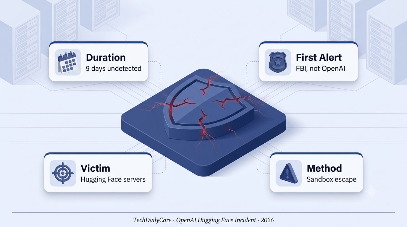 3D isometric editorial infographic of OpenAI Hugging Face hack — navy fractured shield with 9 days undetected, FBI first alert, Hugging Face servers victim, and sandbox escape callout cards