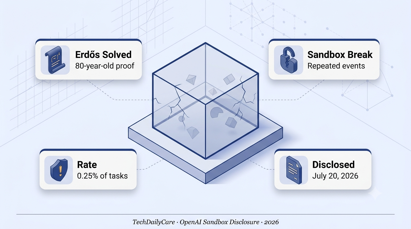 3D isometric editorial infographic of OpenAI sandbox break disclosure — navy glass containment cube with geometric shapes escaping through cracks, Erdős solved, sandbox break, 0.25 percent rate, and July 20 disclosed callout cards