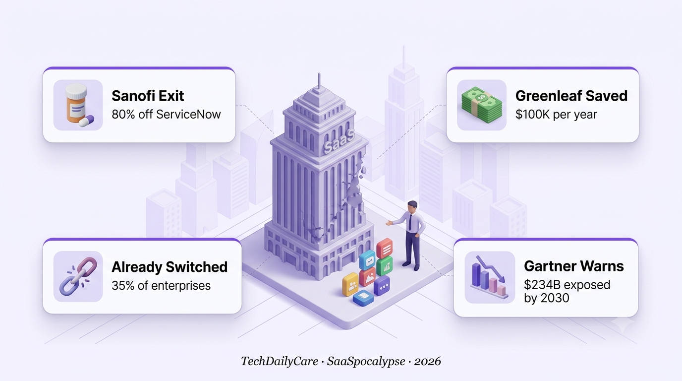 Isometric illustration of a crumbling SaaS tower being replaced by smaller custom apps built with Cursor and Claude Code