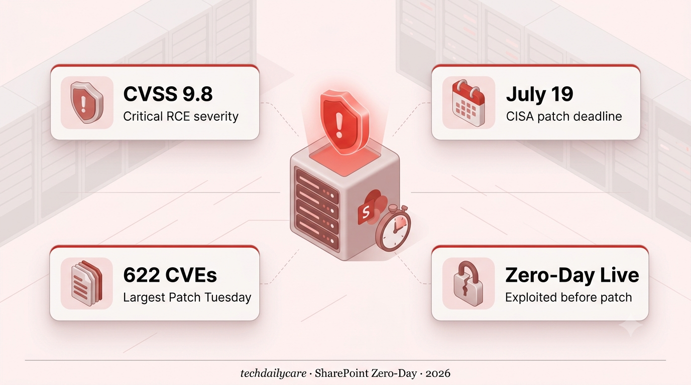 SharePoint zero-day CVE-2026-58644 warning shield with a countdown timer showing the July 19 CISA deadline