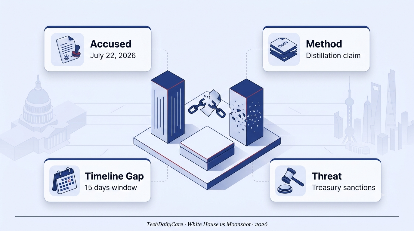 3D isometric editorial infographic of Moonshot Kimi K3 accusation from White House — navy split-column scene showing distillation claim, July 22 accused date, 15 day timeline gap, and Treasury sanctions threat callout cards