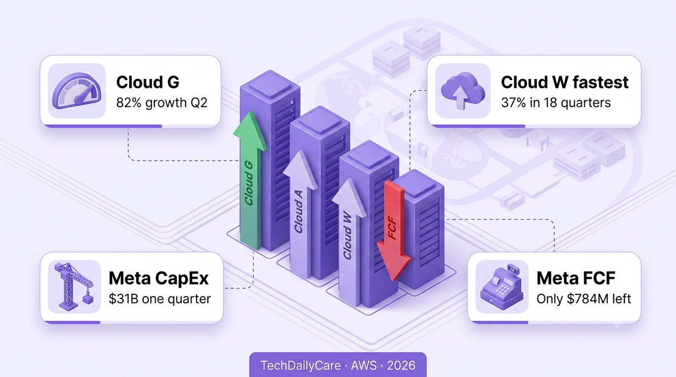 Isometric illustration of four cloud towers of different heights representing AWS, Google Cloud, Azure, and Meta's collapsed free cash flow after record quarterly capex
