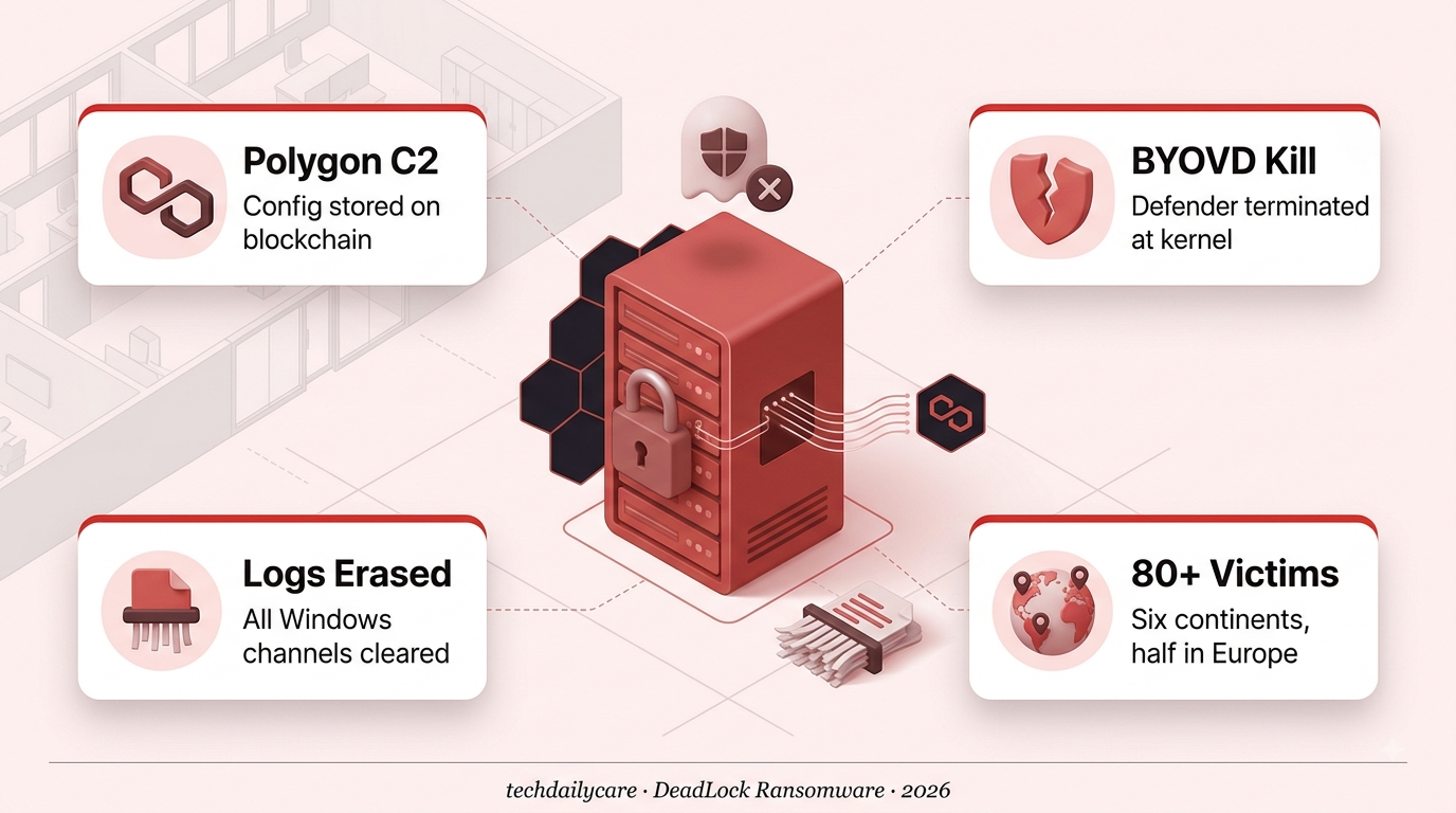 DeadLock ransomware Polygon blockchain C2 with a corporate server rack, destroyed Windows Defender shield, and shredded event log documents