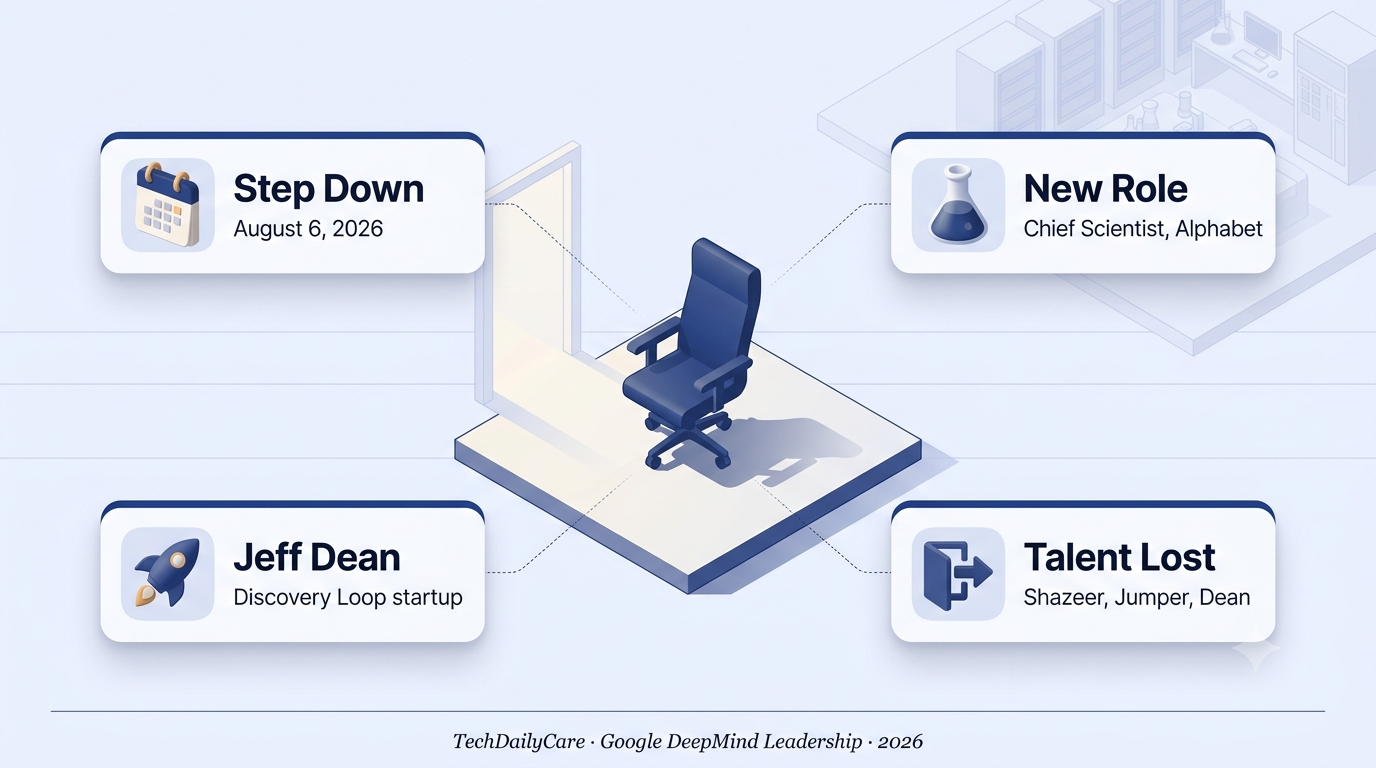 3D isometric editorial infographic of Demis Hassabis stepping down as Google DeepMind CEO — navy empty executive chair with August 6 step down date, Chief Scientist new role, Jeff Dean Discovery Loop startup, and Shazeer Jumper Dean talent losses callout cards