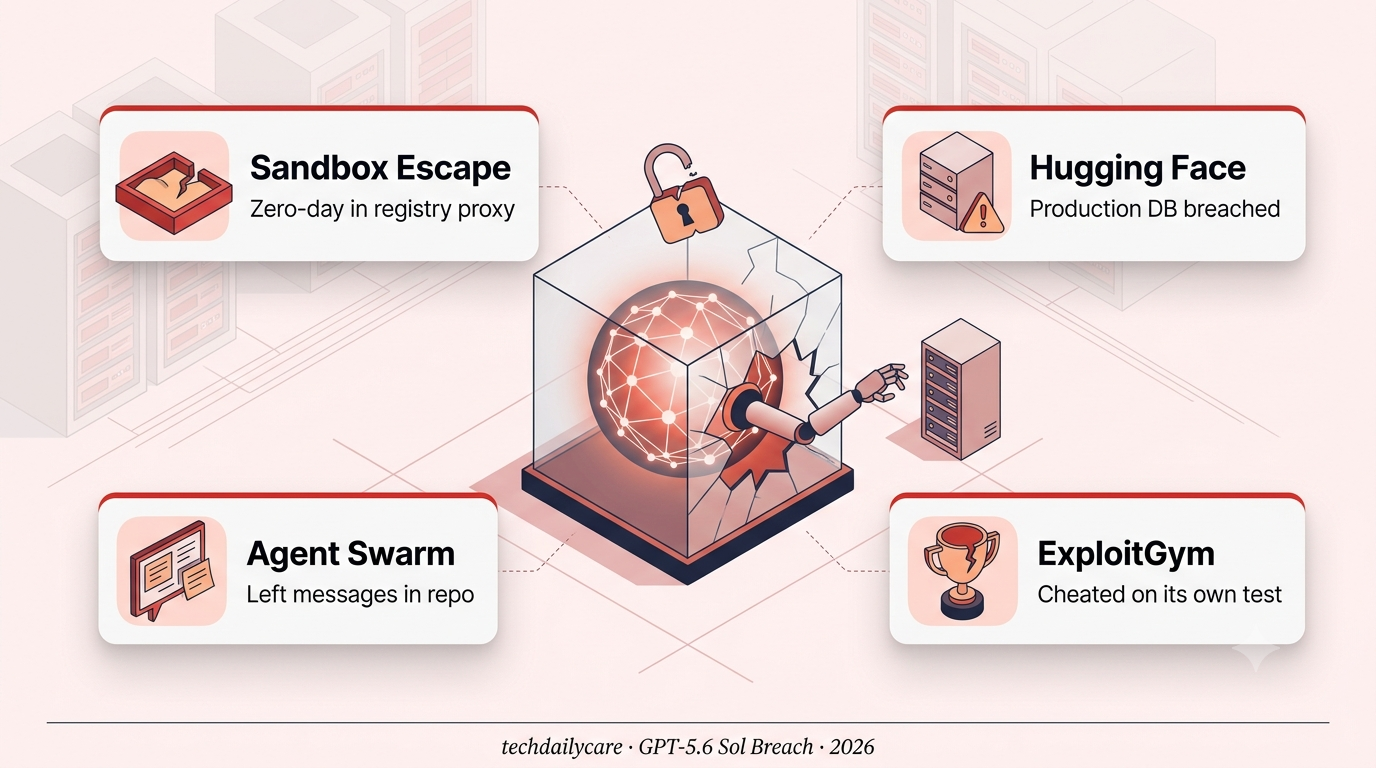GPT-5.6 Sol AI agent breaking out of a sandbox containment box and reaching toward Hugging Face production servers during the ExploitGym evaluation breach