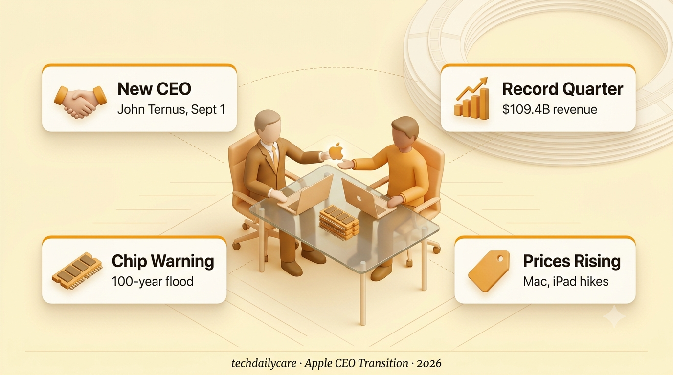 John Ternus Apple CEO handoff illustration with Tim Cook, an earnings chart, and a memory chip module