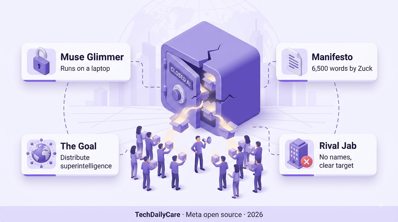 Isometric illustration of a locked closed AI vault cracking open with Meta open source model packages flowing out to developer figures below, representing Muse Glimmer and Muse Spark 1.2 release