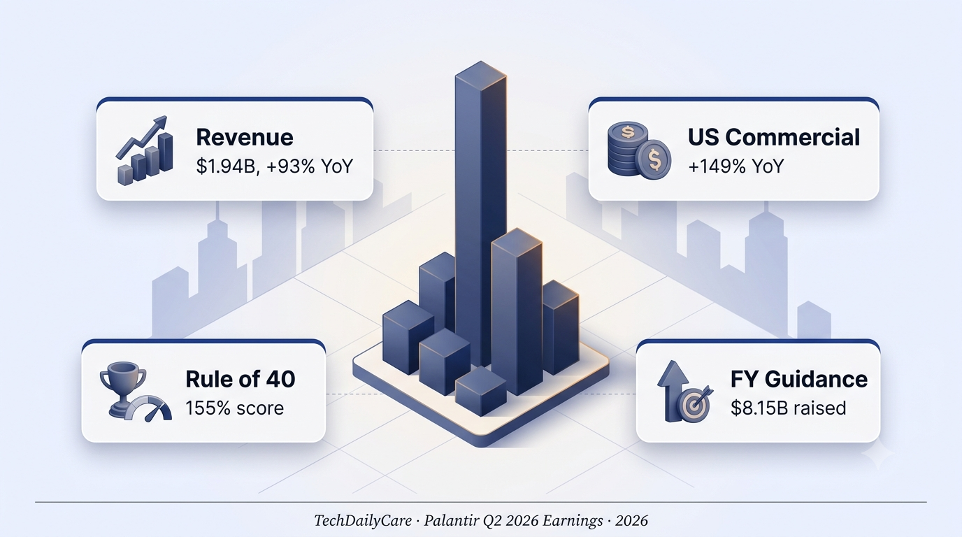 3D isometric editorial infographic of Palantir Q2 2026 earnings — navy bar chart tower with $1.94B revenue up 93%, US commercial up 149%, Rule of 40 at 155%, and $8.15B guidance callout cards
