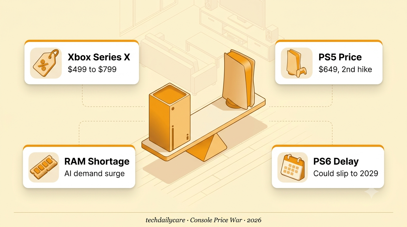 Xbox Series X price comparison illustration with a balance scale against a PlayStation 5 and rising memory chip costs