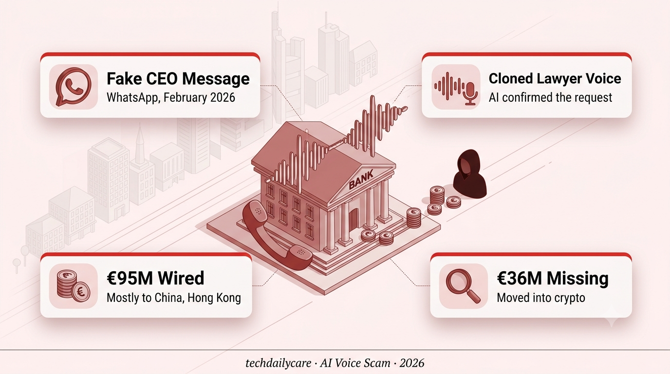 Abstract illustration of an AI voice scam with a cloned voice waveform steering bank transfers overseas