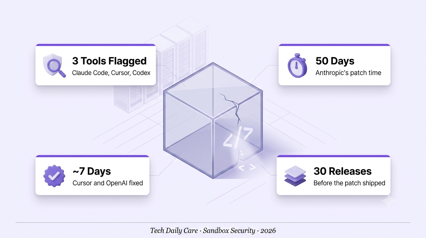 3D isometric illustration of a cracked sandbox container with code brackets leaking out, representing sandbox vulnerabilities in Claude Code, Cursor, and Codex