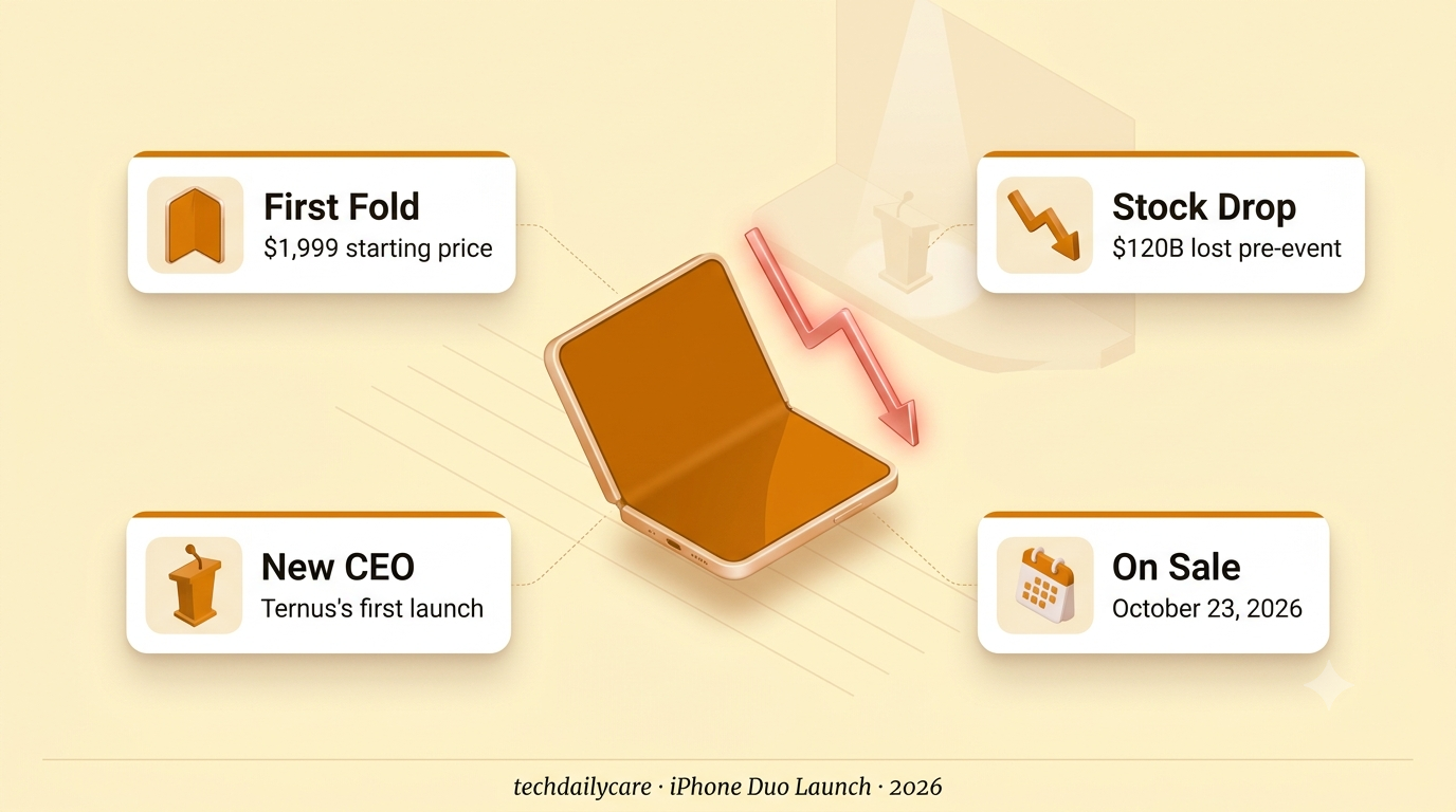 Folding iPhone Duo opening like a book next to a falling stock chart line, illustrating Apple's stock drop before launch