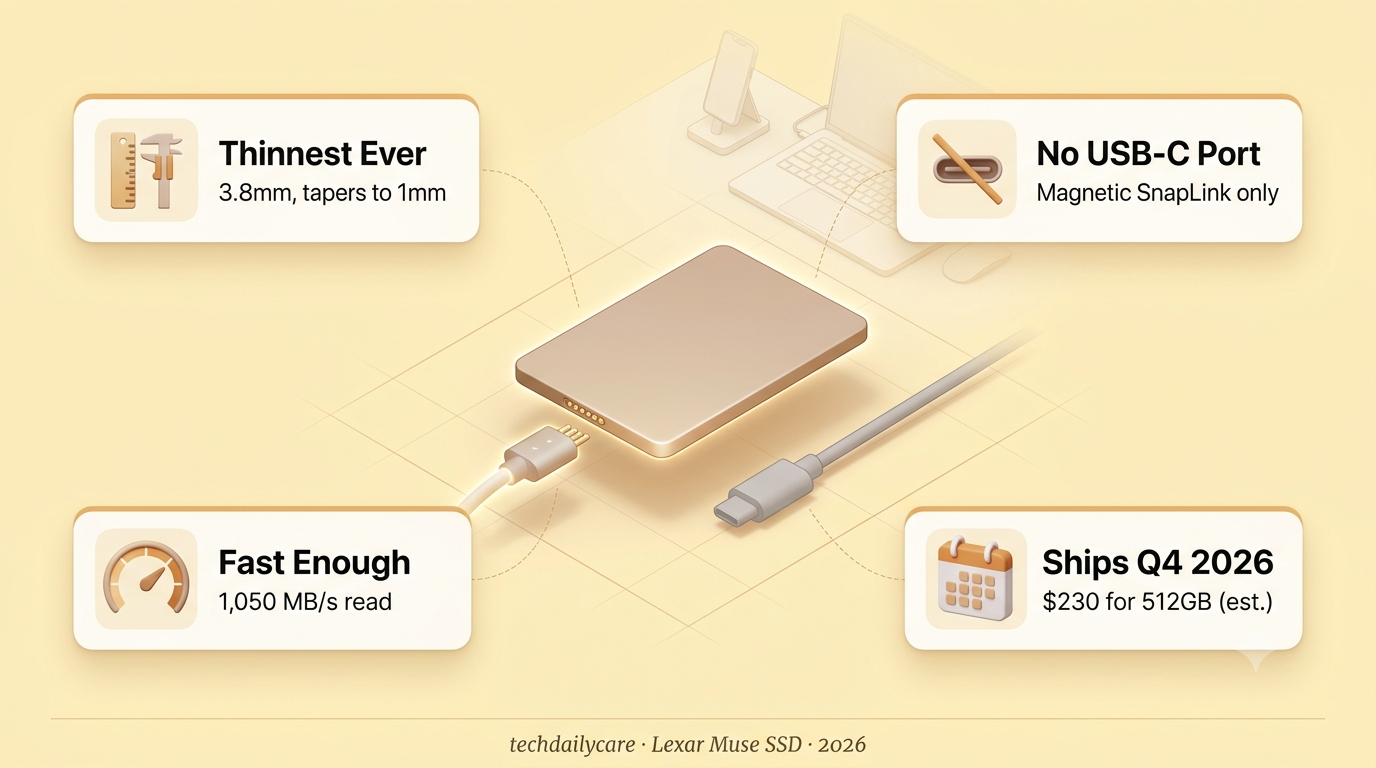 Lexar Muse ultra-thin SSD next to its proprietary magnetic SnapLink cable, illustrating why it skips USB-C