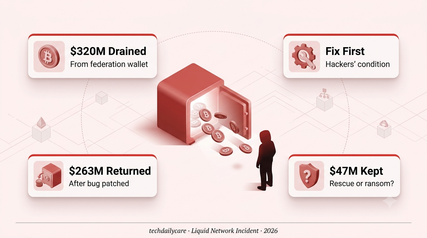 Abstract illustration of the Liquid Network hack showing Bitcoin draining from a digital vault