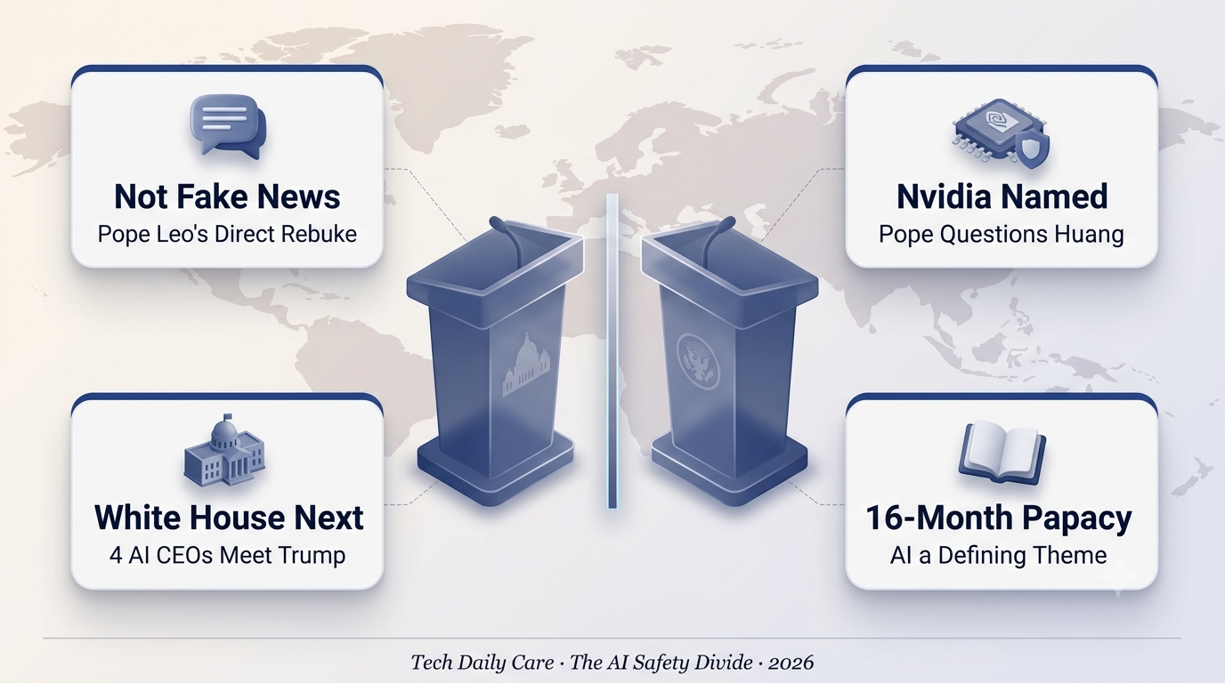 3D isometric illustration of two opposing podiums, one with a Vatican-style motif and one with a government seal motif, representing a public disagreement over AI safety