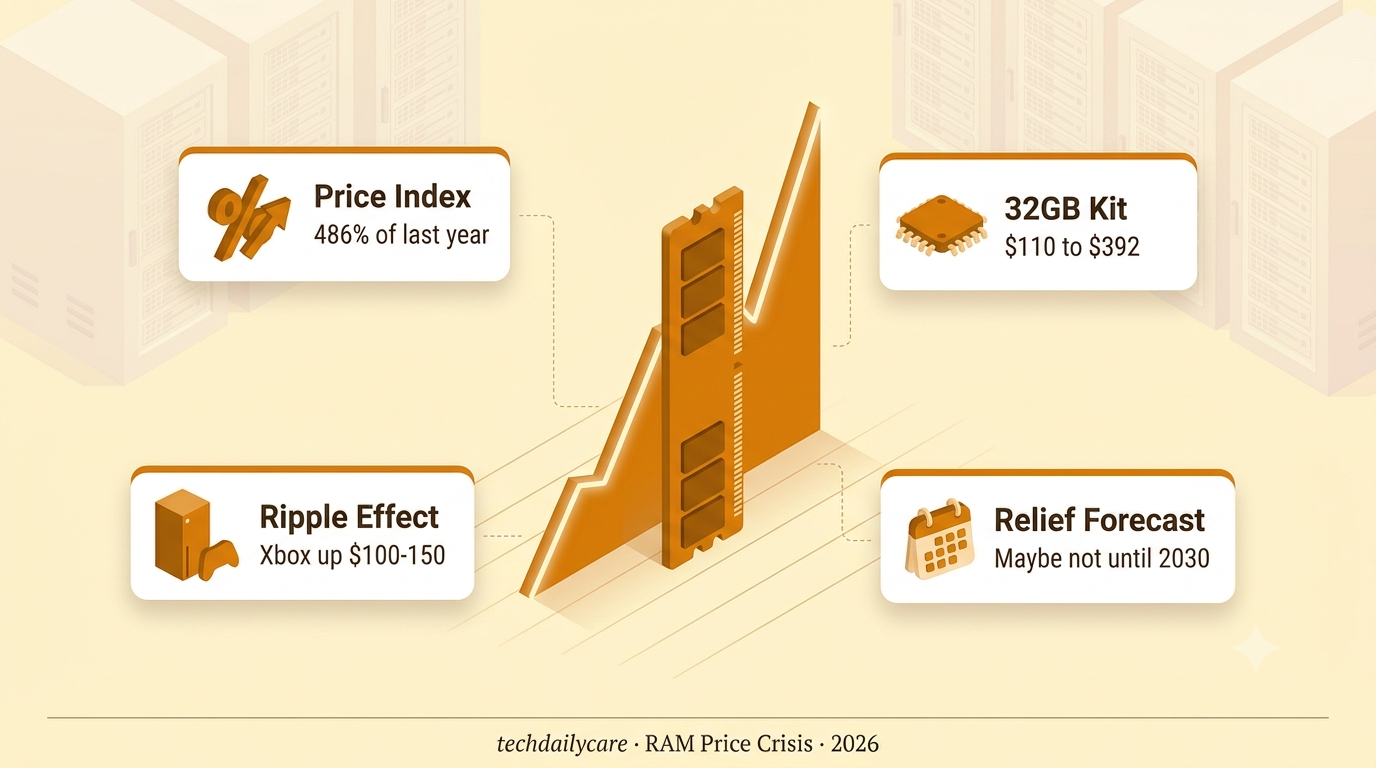 DDR5 RAM stick with a sharply rising price chart behind it, illustrating the 2026 RAM price surge