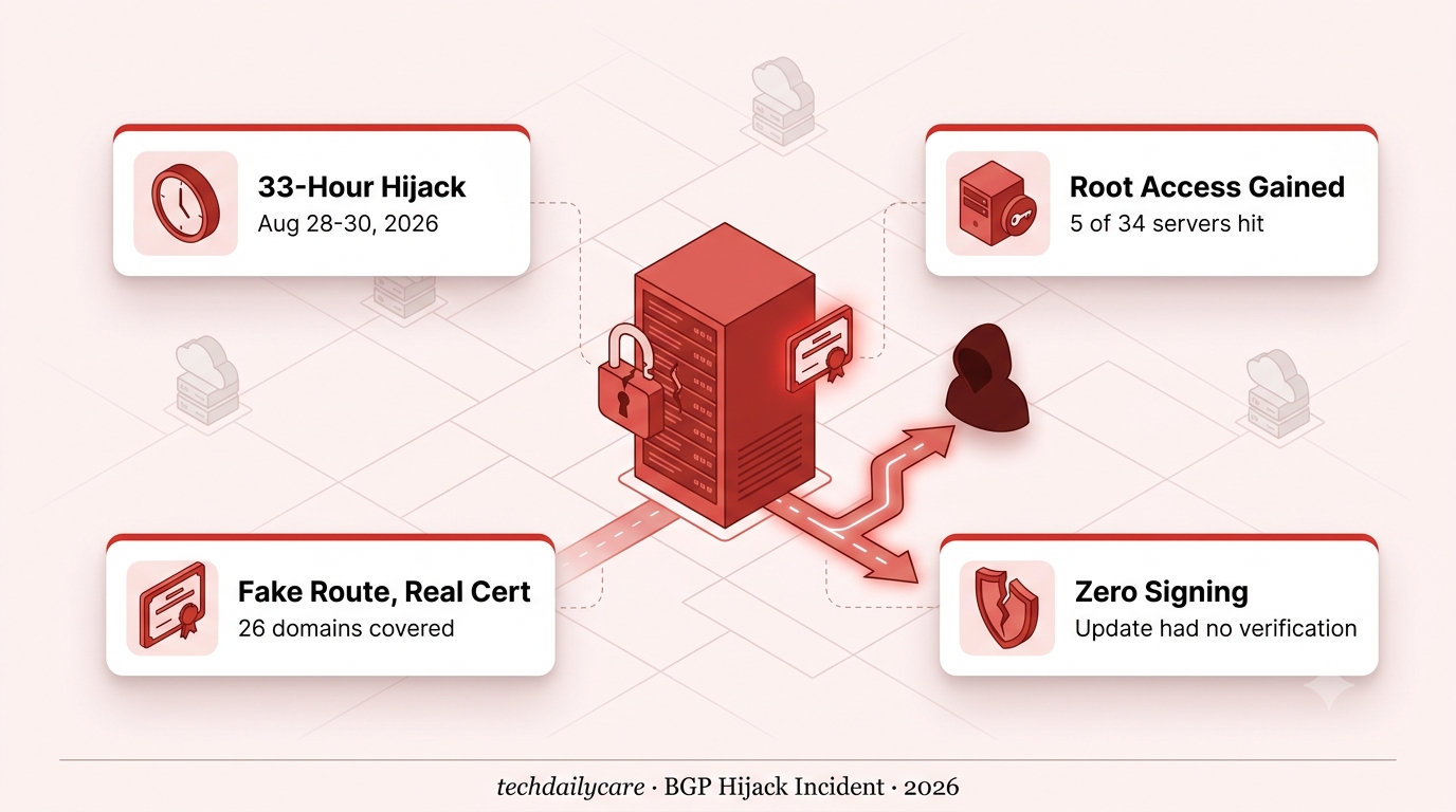 Abstract illustration of a BGP hijack rerouting internet traffic toward a compromised server rack
