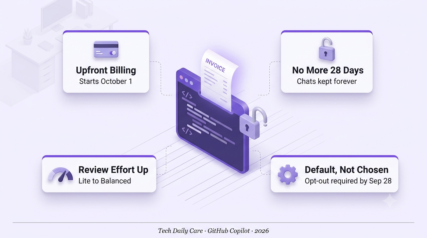 3D isometric illustration of a terminal window with a glowing invoice and an open padlock, representing GitHub Copilot's new billing and data retention policy