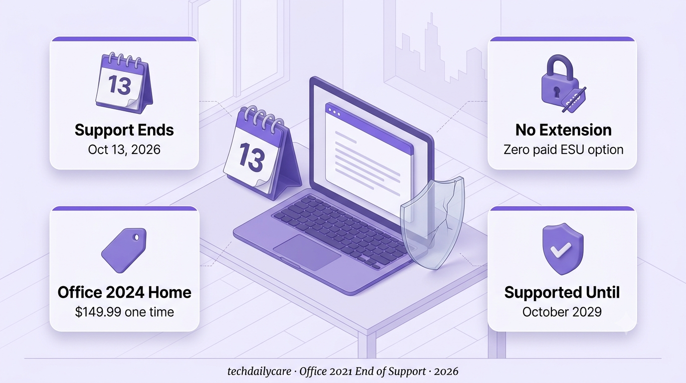 Isometric illustration of a laptop, a desk calendar page marked 13 and a cracked glass shield, with four info cards about Office 2021 end of support